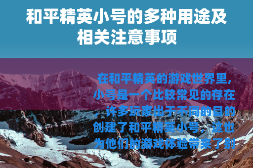 和平精英小号的多种用途及相关注意事项