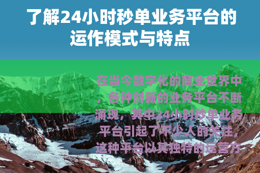 了解24小时秒单业务平台的运作模式与特点