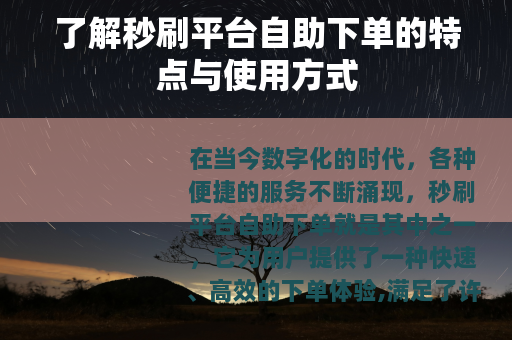 了解秒刷平台自助下单的特点与使用方式