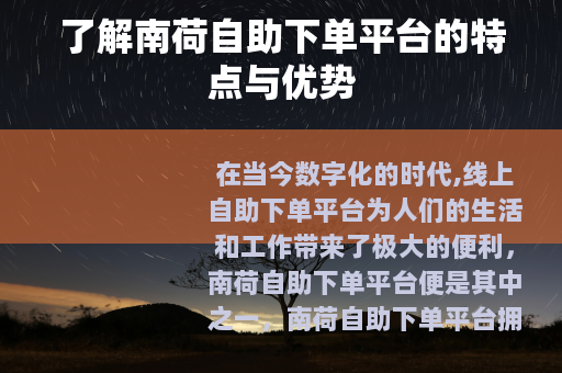 了解南荷自助下单平台的特点与优势