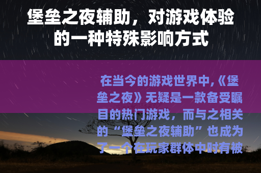 堡垒之夜辅助，对游戏体验的一种特殊影响方式