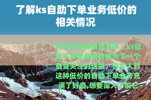 了解ks自助下单业务低价的相关情况