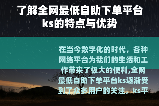 了解全网最低自助下单平台ks的特点与优势